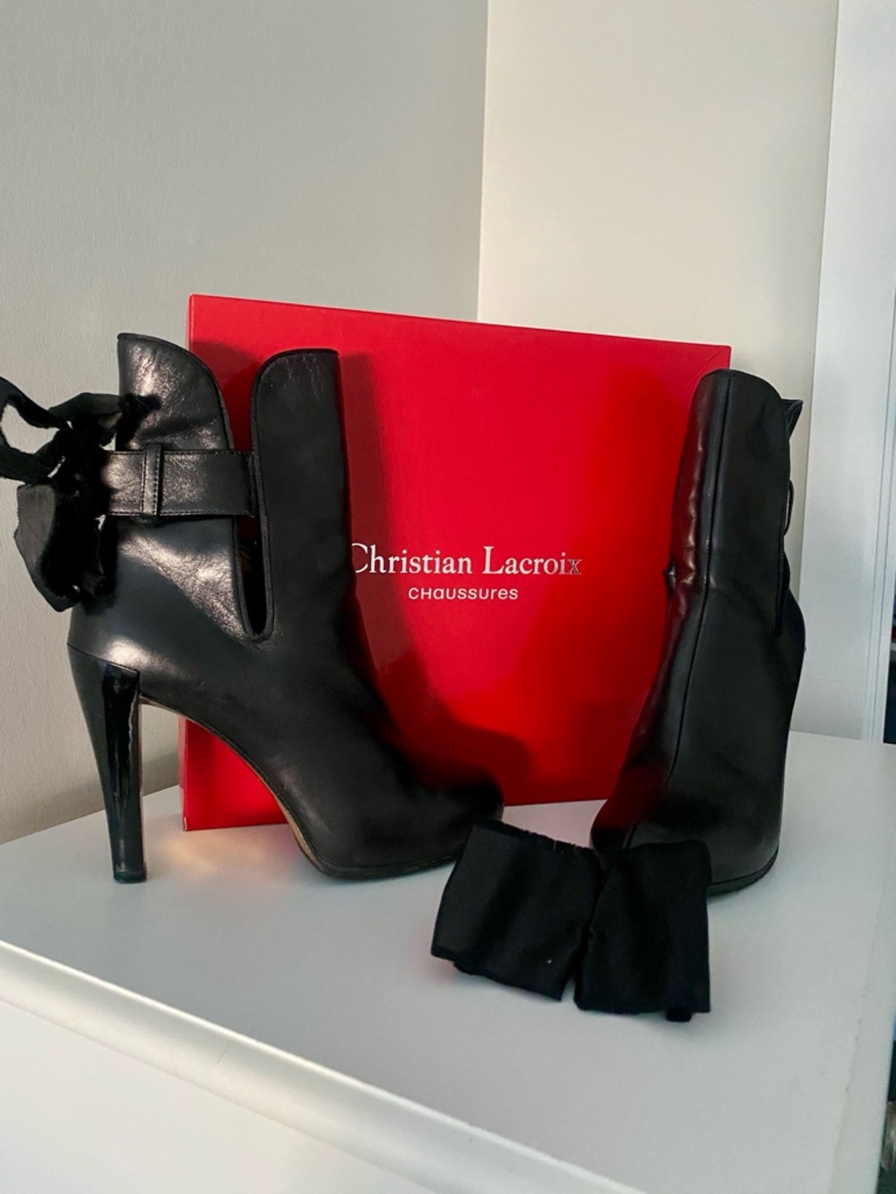 Christian Lacroix Black Leather High-Heel Ankle Boots + Prada leather heels